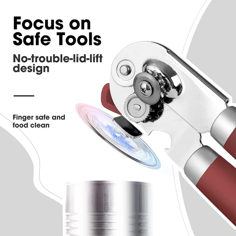 Beneno Heavy Duty Hand Can Opener Manual with Magnet, Durable Sharp Carbon Steel Blade Smooth Cutting, Big Effort-Saving Knob & Soft Grip Handle, Multifunctional Kitchen Tool with Bottle Opener, Red - Image 5